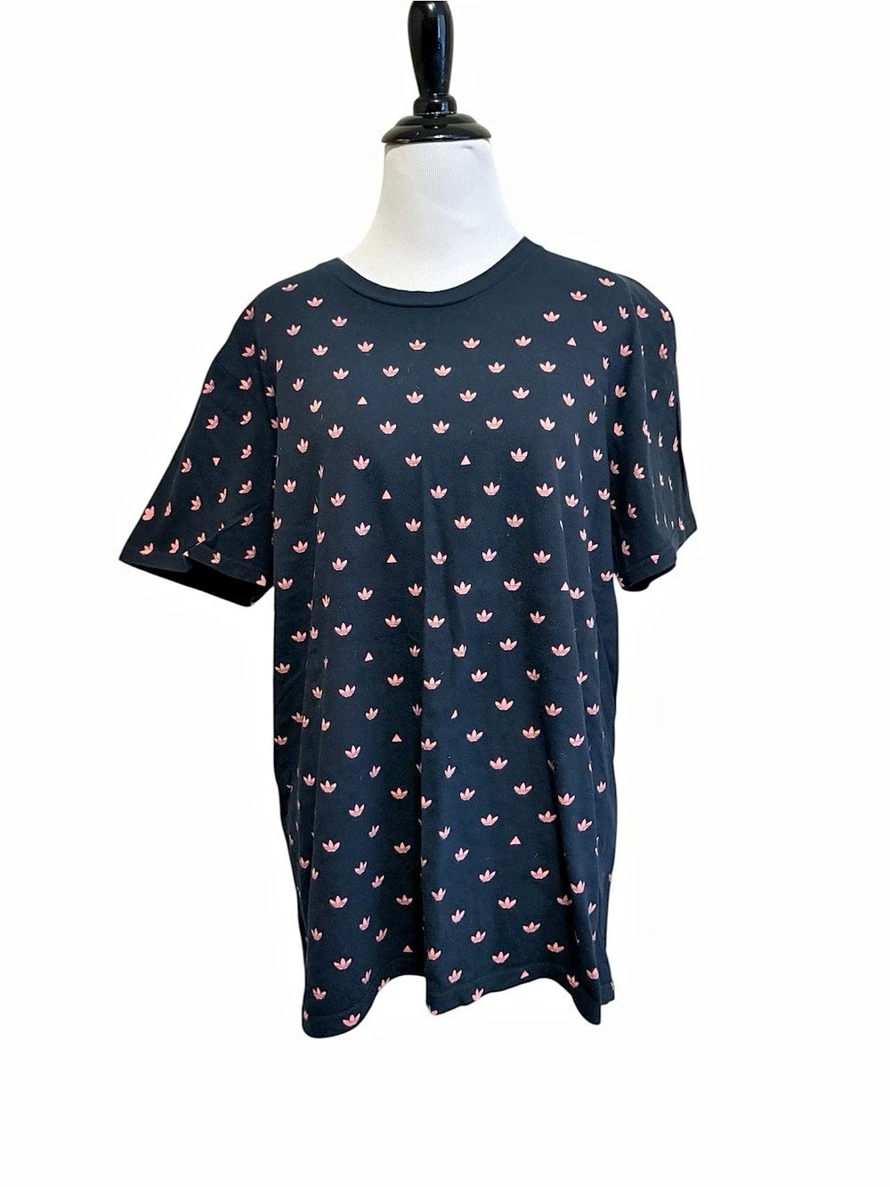 Adidas large Originals Black & Pink All-Over Mini Trefoil Logo T-Shirt